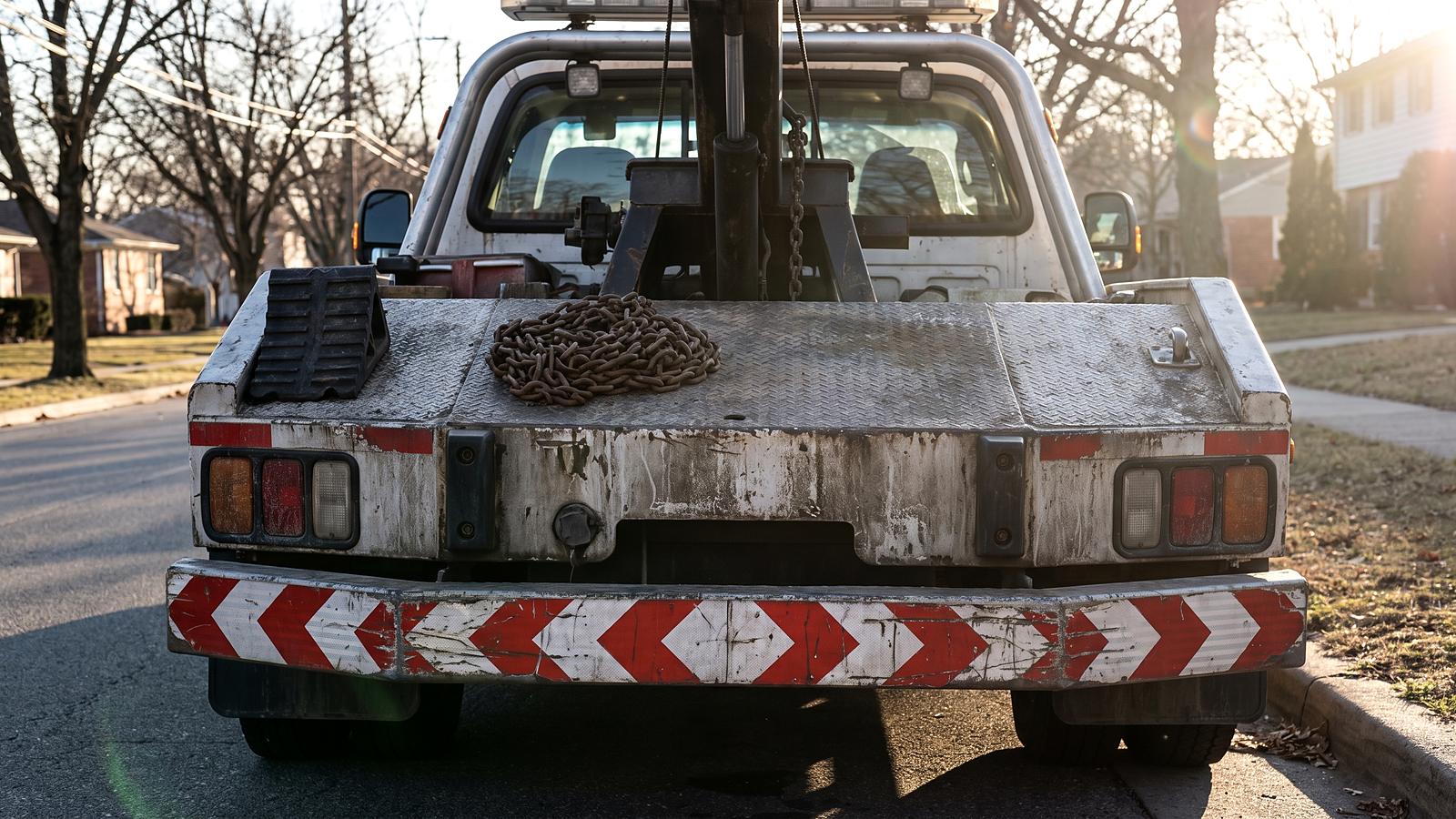 The back of a tow truck parked at a curb, reflective chevron striping and a coiled chain on the deck