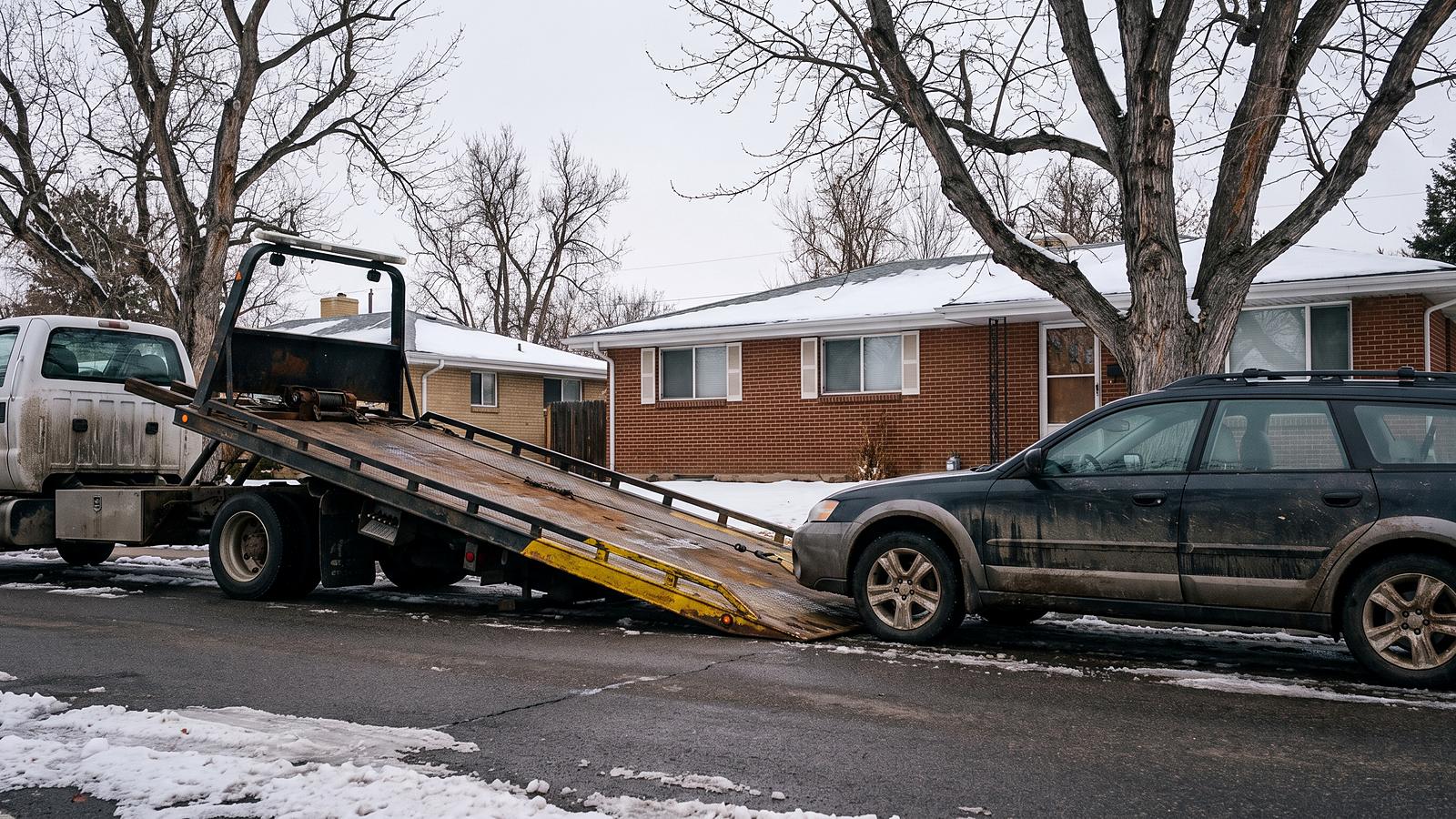 A flatbed tow truck with its ramp down on a residential street beside an all-wheel-drive wagon, snow at the curb